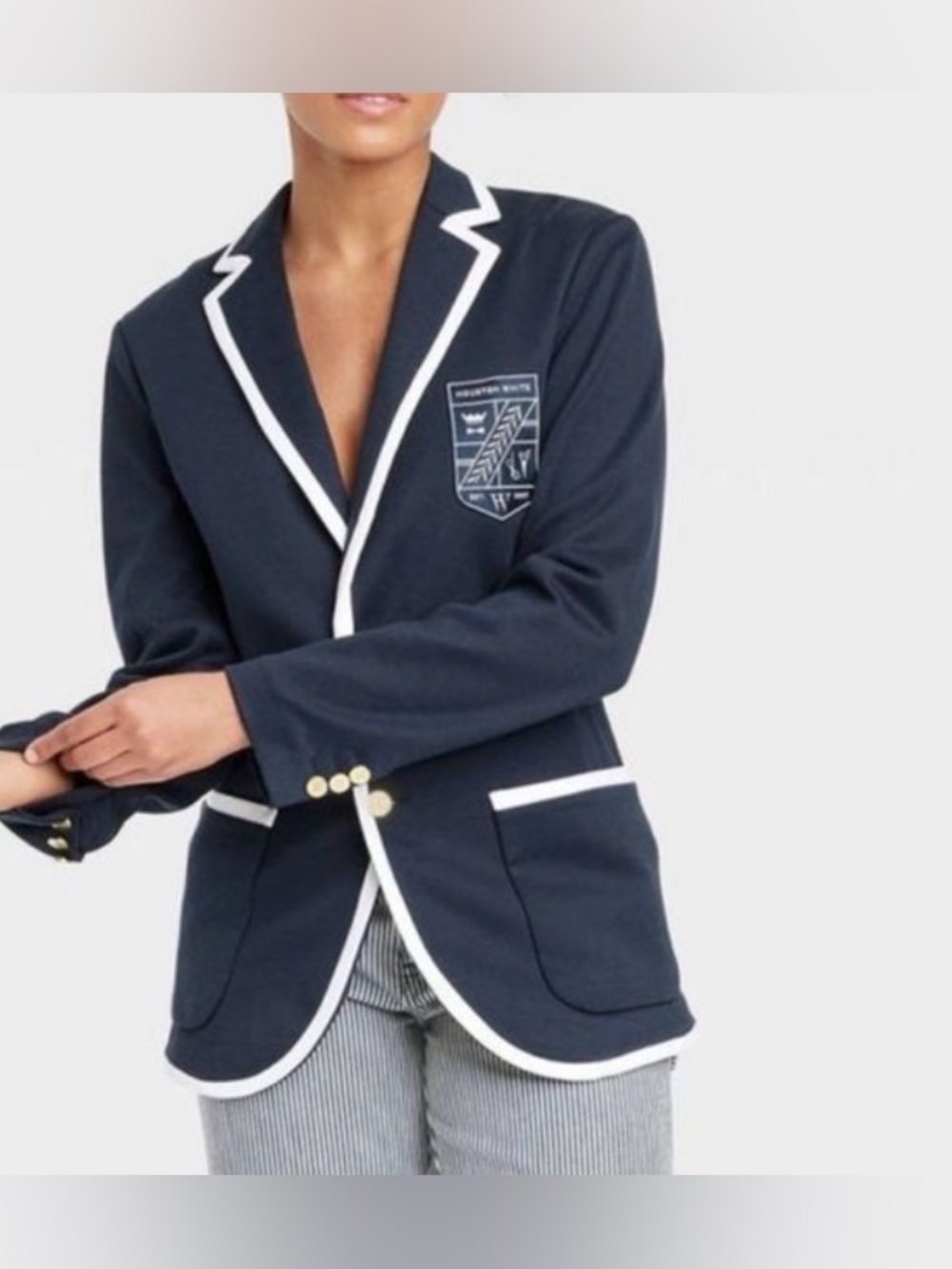Houston White Knit Blazer Navy White Trim Crest Jacket Size Medium